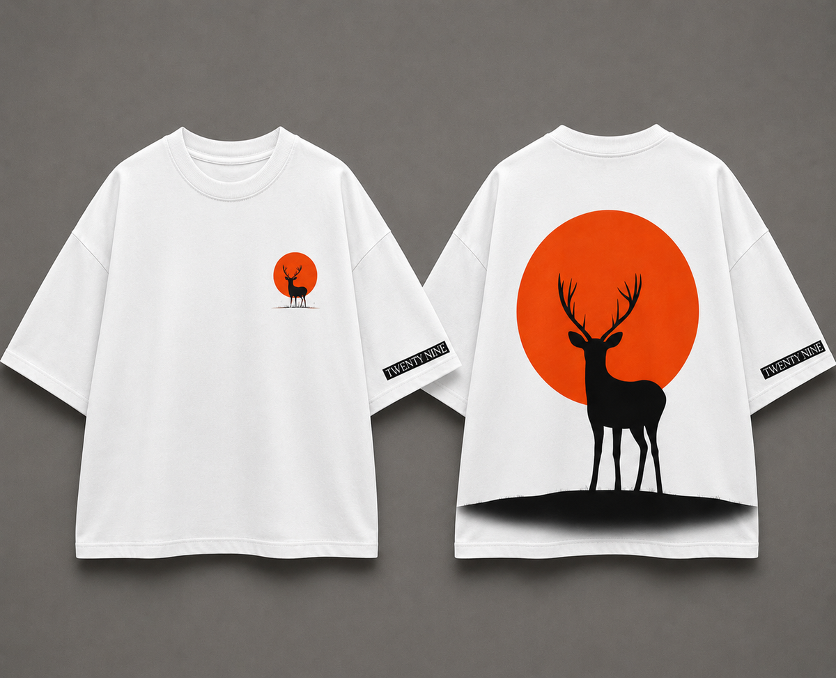 Twenty Nine Deer Moon Oversized Graphic T-Shirt – Black & White
