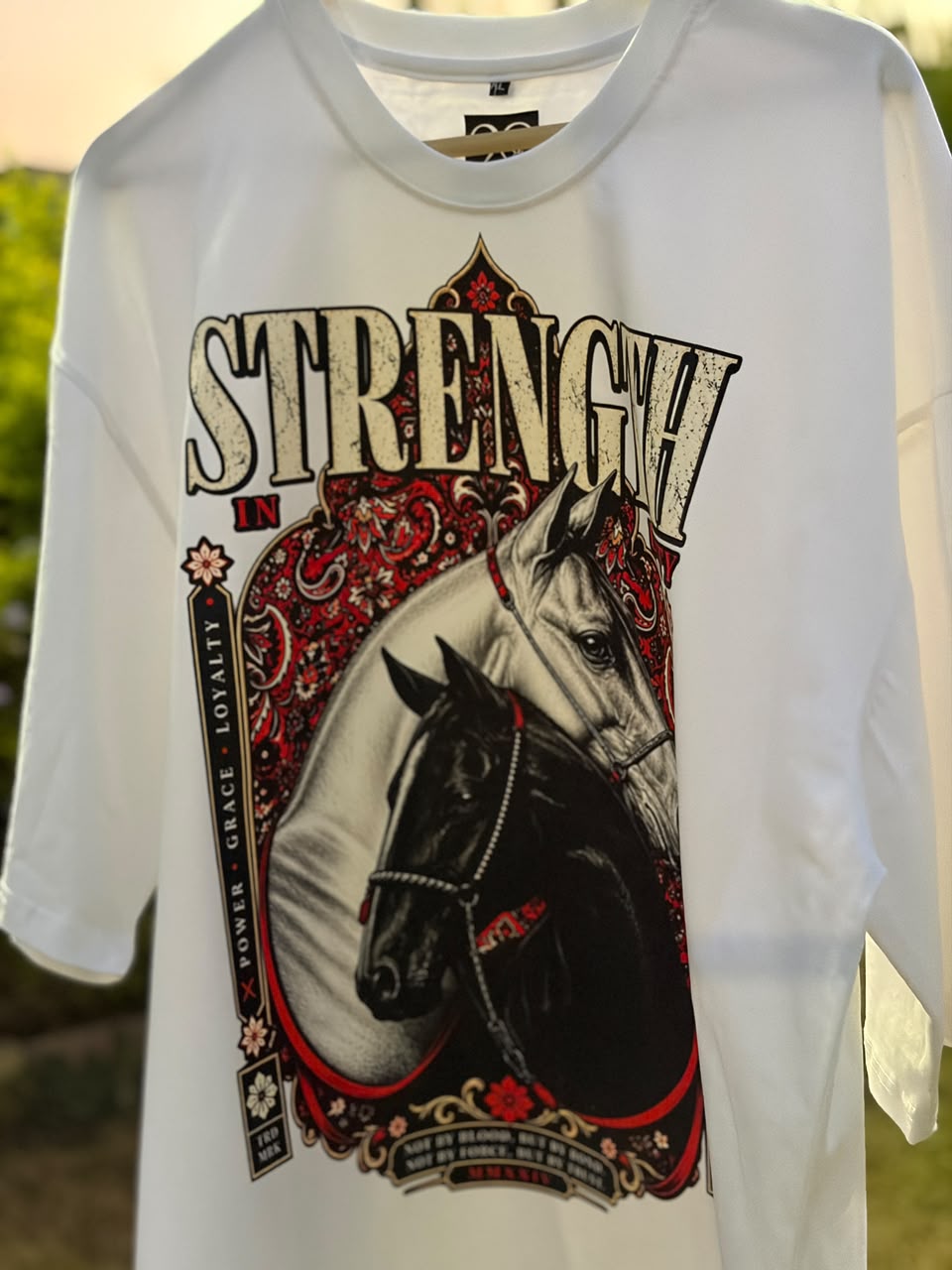 Strength horse graphic t-shirt close-up